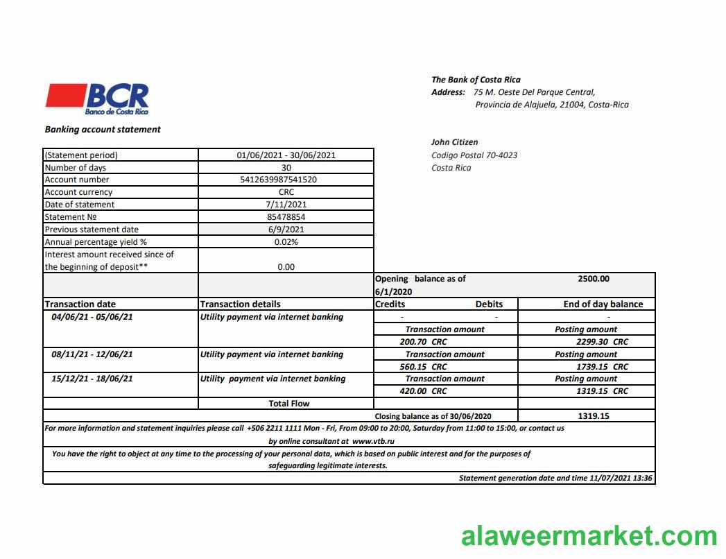 Costa Rica The Bank of Costa Rica bank statement easy to fill template in Excel and PDF format